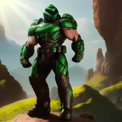 best quality, highres, absurdres, close view, accurate, solo, standing, valley, sunlight, 1boy, green armor, clenched fists, boots, helmet, muscular, slayer, <lora:doomslayer:1>