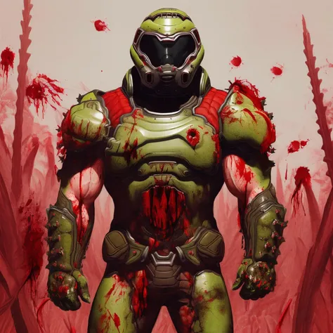 best quality, highres, absurdres, accurate,solo, standing, cornfield, 1boy, armor, clenched hands, boots, helmet, muscular, blood splatter, slayer, <lora:doomslayer2:1>