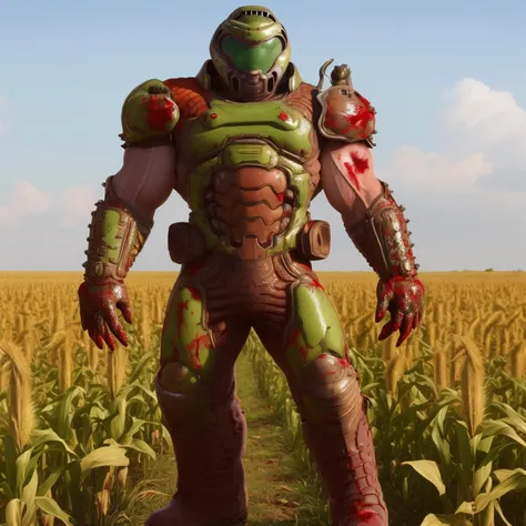 best quality, highres, absurdres, accurate,solo, standing, cornfield, 1boy, armor, clenched hands, boots, helmet, muscular, blood splatter, slayer, <lora:doomslayer2:1>