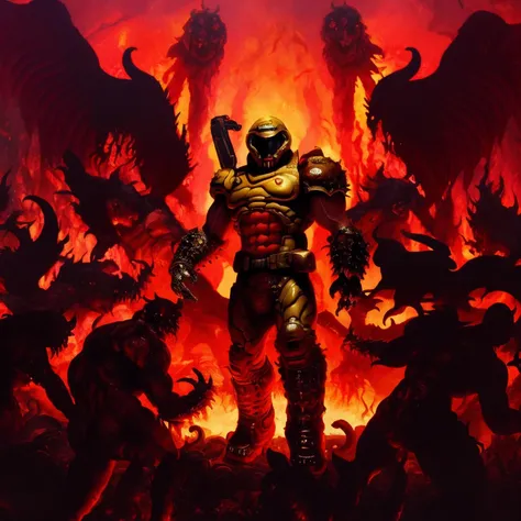 best quality, highres, absurdres, accurate, fire in background, hell, surrounded by demons, shooting demon from above corpses, solo, full body, standing, 1boy, blood splatter, armor, boots, helmet, muscular, slayer, <lora:doomslayer2:1>