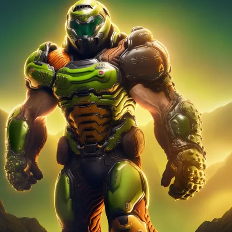 best quality, highres, absurdres, full body, accurate, solo, standing, valley, sunlight, 1boy, armor, clenched fists, boots, helmet, muscular, slayer, <lora:doomslayer2:1>