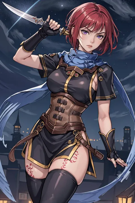 masterpiece, 4K, realistic, best quality, nel zelpher, striped scarf, black dress, corset, fingerless gloves, thigh boots, looking to the side, night sky, serious expression, dagger <lora:nelzelpher-nvwls-v2-000012:0.9>