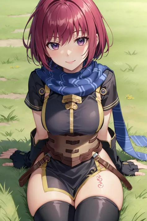 masterpiece, best quality, nel zelpher, striped scarf, black dress, corset, fingerless gloves, thigh boots, sitting, looking at viewer, from above, grass, smile <lora:nelzelpher-nvwls-v2-000012:0.9>