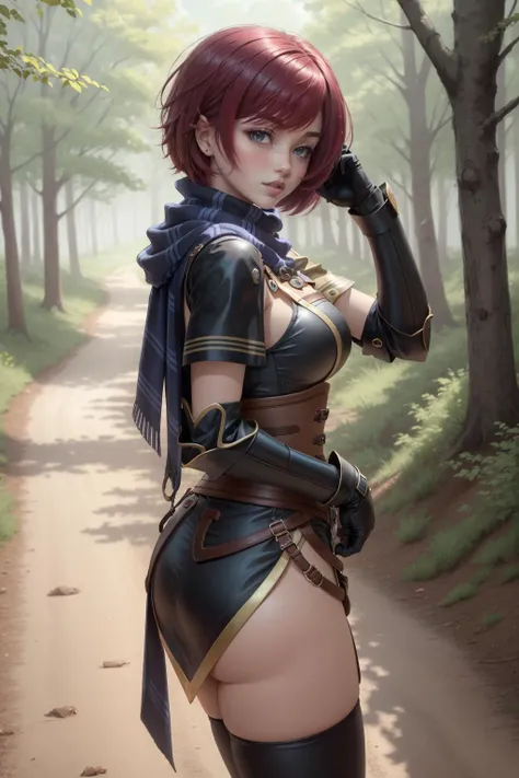 masterpiece, best quality, nel zelpher, striped scarf, black dress, corset, fingerless gloves, thigh boots, from side, looking at viewer, dirt road, deciduous forest <lora:nelzelpher-nvwls-v2-000012:0.9>