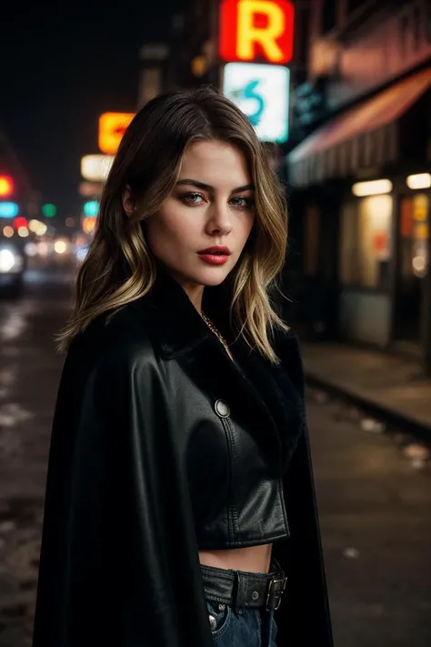 photo of fit r4cht4yl0r, a beautiful woman, perfect hair, (modern photo), Oversized cape coat in a checkered pattern for a sophisticated and trendy style, portrait, 85mm, (analog, cinematic, film grain:1.3), ( Dystopian Slums, Gritty urban setting with rundown buildings, neon lights, scavengers, and surveillance systems.), detailed eyes, seductive pose, painted lips, (epiCPhoto), (looking at viewer:1.1), jewelry, (cinematic shot:1.3), (natural lighting, lit from above), <lora:add_detail:0.5>