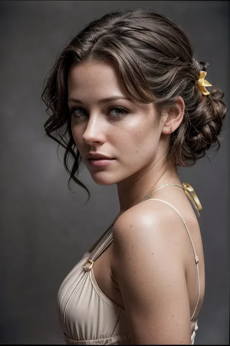 photo of (evl1lly-135:0.99), a beautiful woman, (closeup portrait), (perfect hair upsweep updo|perfect short hair|perfect hair), (modern photo, Light Yellow ribbon trim), 24mm, ((tintype)), (analog, cinematic, film grain:1.3), ((plain Ash Gray background, gradient:1.2)), detailed eyes, (seductive pose), (epicPhoto), (looking at viewer), (cinematic shot:1.3)