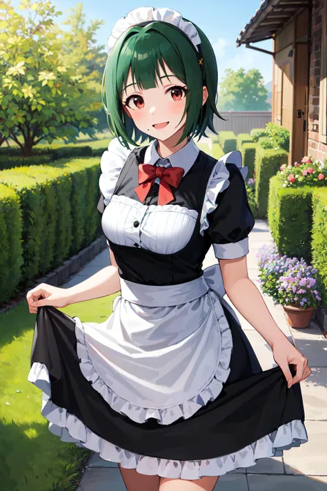 masterpiece, best quality, highres, aakotori, short hair, yellow hairband, mole under mouth, <lora:otonashi_kotori_v1:0.7>, maid, maid headdress, apron, black dress, skirt hold, smile, garden, standing,