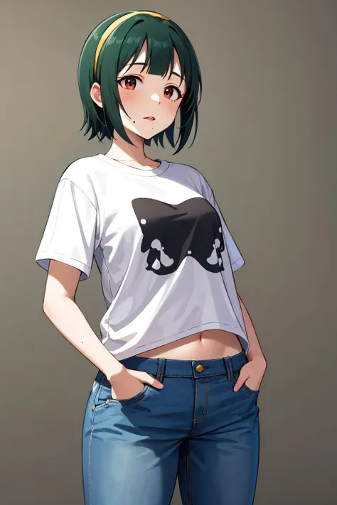 masterpiece, best quality, highres, aakotori, short hair, yellow hairband, mole under mouth, <lora:otonashi_kotori_v1:0.7>, t-shirt, white shirt, clothes writing, midriff, jeans, hands in pockets,