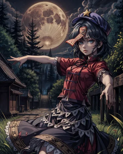 <lora:MiyakoYoshika:1>,outdoors,night,moon,forest,tree,grass,1girl,miyako yoshika, hat,star hat ornament,ofuda,blue hair,short hair,blue eyes,tangzhuang,red shirt,short sleeves, skirt,pale skin, jiangshi,zombie pose, outstretched arms, <lora:add_detail:1>, masterpiece, best quality, perfect composition