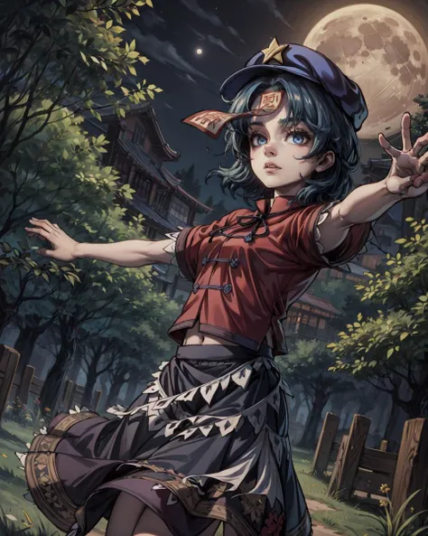 <lora:MiyakoYoshika:1>,outdoors,night,moon,forest,tree,grass,1girl,miyako yoshika, hat,star hat ornament,ofuda,blue hair,short hair,blue eyes,tangzhuang,red shirt,short sleeves, skirt,pale skin, jiangshi,zombie pose, outstretched arms, <lora:add_detail:1>, masterpiece, best quality, perfect composition