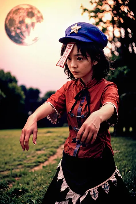 masterpiece, best quality, <lora:MiyakoYoshika:1>,outdoors,night,moon,forest,tree,grass,1girl,miyako yoshika, hat,star hat ornament,ofuda,blue hair,short hair,blue eyes,tangzhuang,red shirt,short sleeves, skirt,pale skin, jiangshi,zombie pose, outstretched arms, <lora:80year03:0.7>