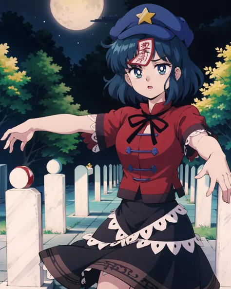 <lora:MiyakoYoshika:1>,1girl,miyako yoshika, hat,star hat ornament,ofuda,blue hair,short hair,blue eyes,tangzhuang,red shirt,short sleeves, skirt,pale skin, jiangshi,zombie pose, outstretched arms, outdoors, graveyard, night, <lora:smv1:0.8>, masterpiece, best quality, perfect composition