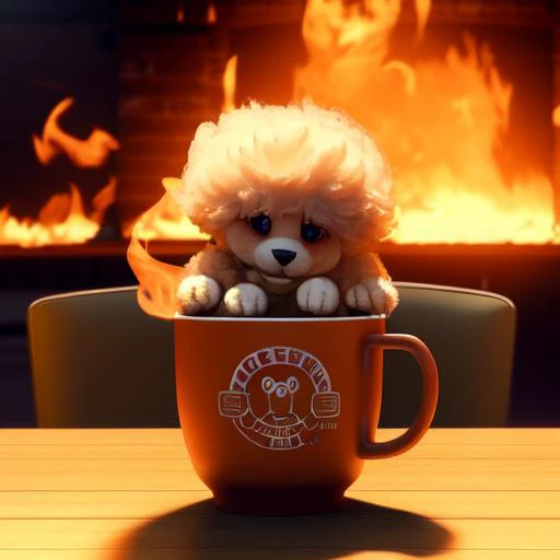 burning chaotic flames in a burning room,  coffee cup Human, fluffy solid coffeecup mascot body suit with holes for arms and legs, sitting on a chair, a puppy sitting on a table, UHD, best quality, 8k, Cinematic Lighting, 3d Render, masterpiece, pixar style