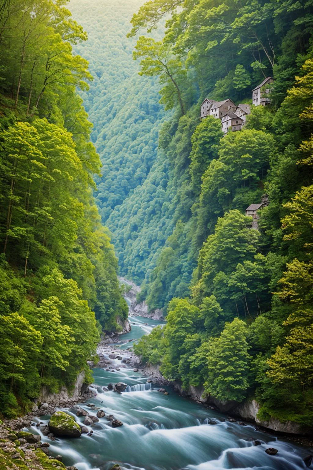 (photorealistic 8k RAW photo), a wooded gorge, many small stone houses are built between the trees on the steep slopes, connected with ladders and rope ladders , (no human), HDR, realism, (masterpiece), (best quality), insanely detailed, absurdres, HDR, sharp, perfect focus, bokeh, mist between trees,