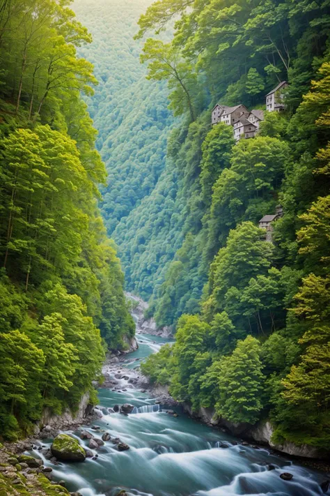 (photorealistic 8k RAW photo), a wooded gorge, many small stone houses are built between the trees on the steep slopes, connected with ladders and rope ladders , (no human), HDR, realism, (masterpiece), (best quality), insanely detailed, absurdres, HDR,  sharp,  perfect focus, bokeh, mist between trees,