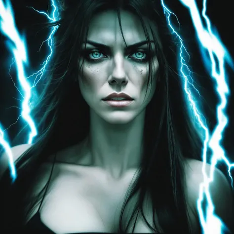 close up shot, a beautiful woman in the dark, age 25, darkness, lowlight, dim, spot lights, neon lights, perspective, upward angle, scared, frightened, panicked, shock value, wildest, woman screaming in anger, space, lightning, fire, skin texture, evil, rage, fury, loathing, hard shadows, bright lights, harsh light, over exposed, iris detail, album cover, metal band logo, metal album, crisp details, sharp focus