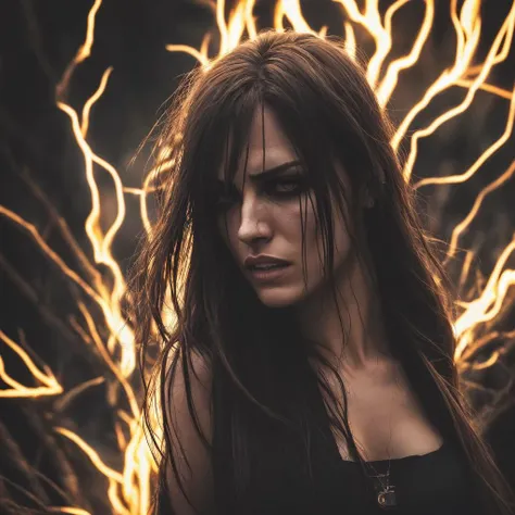close up shot, a beautiful woman in the dark, age 25, darkness, lowlight, dim, spot lights, neon lights, perspective, upward angle, scared, frightened, panicked, shock value, wildest, woman screaming in anger, space, lightning, fire, lava, burning, hell, skin texture, evil, rage, fury, loathing, hard shadows, bright lights, harsh light, over exposed, iris detail, album cover, metal band logo, metal album, crisp details, sharp focus, fair in wind, burning embers