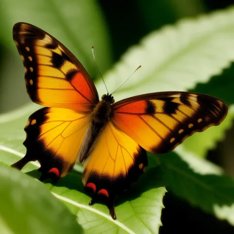 realistic extreme close-up sharp focus photo, of a large colorful butterfly on a leaf, forest environment background, masterpiece, high resolution scan, (photo by Nikon D800, 50mm ZEISS lens), spotlight, (8k uhd, film grain, hdr, dof), (professionally color graded), (((cinematic look))), perfectly shaded, key visual, analog photo, sharp focus:1.2