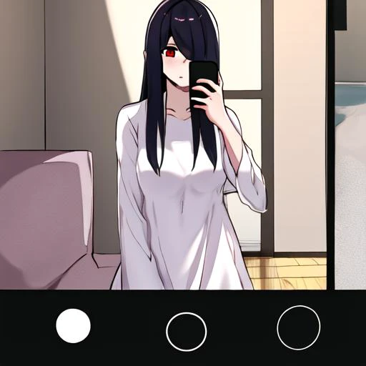 ((masterpiece)),(best quality), absurdres,sadako_yamamura,red eyes, white dress,<lora:Sadakobest:0.8>, <lora:phoneViewfinderLite_v1:1>, selfie, phonescreenrecording,