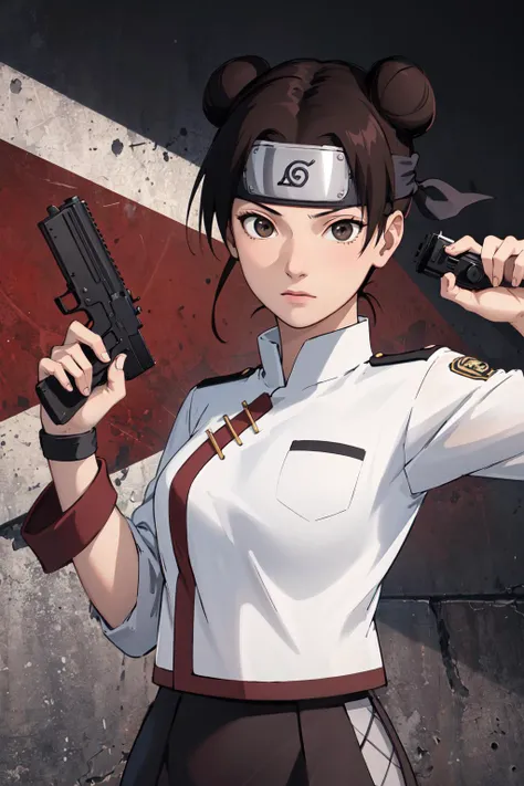 masterpiece, best quality, highres, tenten\(shippuden\), 1girl, solo, medium breasts, forehead protector, konohagakure symbol, headband, <lora:Tenten[V2Alt]:0.65>, military, uniform, black skirt, holding weapon, handgun, police hat,