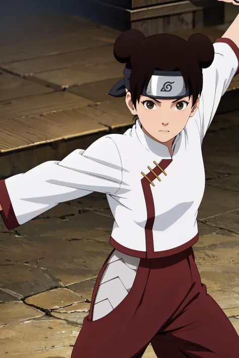 masterpiece, best quality, highres, tenten\(shippuden\), 1girl, solo, hakama pants,white shirt, medium breasts, forehead protector, konohagakure symbol, headband, <lora:Tenten[V2Alt]:0.65>, fighting stance,