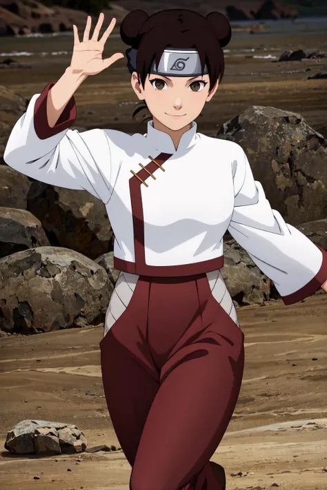 masterpiece, best quality, highres, tenten\(shippuden\), 1girl, solo, hakama pants, white shirt, medium breasts, forehead protector, konohagakure symbol, headband, <lora:Tenten[V2Alt]:0.65>, smile. waving,
