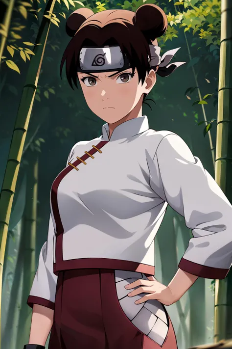 masterpiece, absurdres , (intricate details), (colorful),cinematic lighting,bust shot,extremely detailed CG unity 8k wallpaper,tenten\(shippuden\), 1girl, solo, hakama pants,white shirt, medium breasts, hand on hip,forehead protector, konohagakure symbol, headband,  looking at viewer, outdoors, bamboo forest,  frown, 