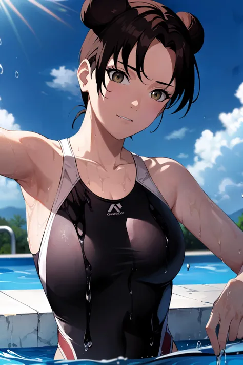 masterpiece, absurdres , (intricate details), (colorful),cinematic lighting,bust shot,extremely detailed CG unity 8k wallpaper,tenten\(shippuden\), 1girl, solo, one-piece swimsuit,halterneck, poolside, sunlight, water, splashing,