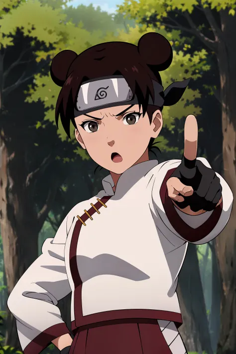 absurdres, (best quality), (masterpiece),tenten\(shippuden\), 1girl, solo,mature female, forehead protector,looking at viewer,:o,light frown, fingerless glove, konohagakure symbol,forest, hand on hip, pointing,pointing at viewer, headband, white shirt, hakama pants
