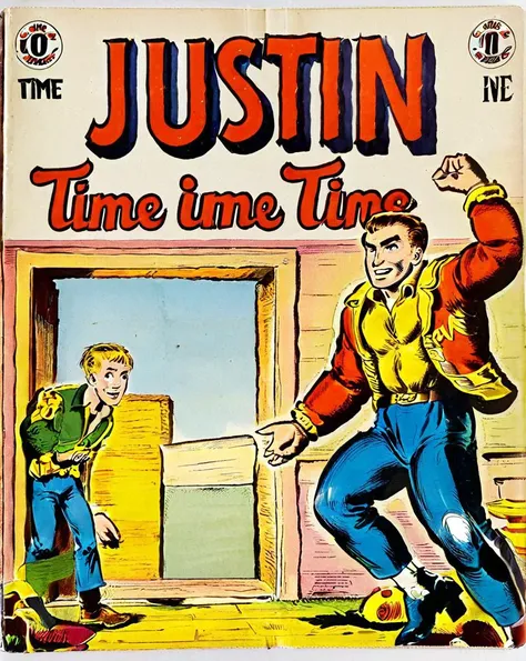 Vintage comic book with title text: "Justin Time (Just in time) ", <lora:Harrlogos_v1.1:1> <lora:wizards_vintage_comics-Undergroundf16:1>