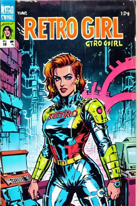 <lora:wizards_vintage_comics-Undergroundf16:1> <lora:cybergirl_v9_25000_lora_f16:0.9> Vintage comic book with the title "RETRO GIRL" depicting Cyberpunk style