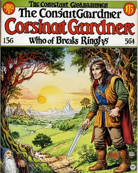 Vintage comic book with title text: "The Constant Gardener Who Occasionally Takes Breaks" ,   <lora:wizards_vintage_comics-Undergroundf16:1> in the background Middle-earth (The Lord of the Rings)