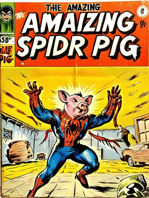 Vintage comic book with title text: "The Amazing Spider-Pig" , <lora:Harrlogos_v1.1:1> <lora:wizards_vintage_comics-Undergroundf16:1>