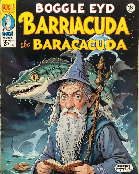 Vintage comic book with the title "Boggle-eyed Barracuda" with Gandalf as a wizard <lora:wizards_vintage_comics-Undergroundf16:1>
