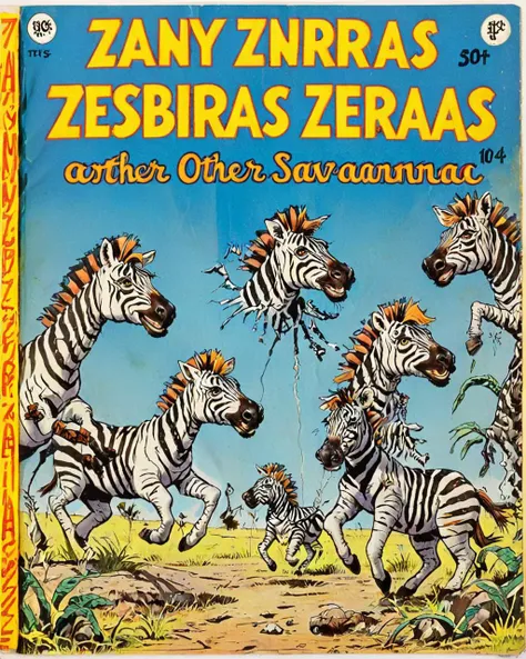 <lora:wizards_vintage_comics-Undergroundf16:1> Vintage comic book with title text: "Zany Zebras and Other Absurdities: A Comic Trip to the Surreal Savanna", vintage comic book