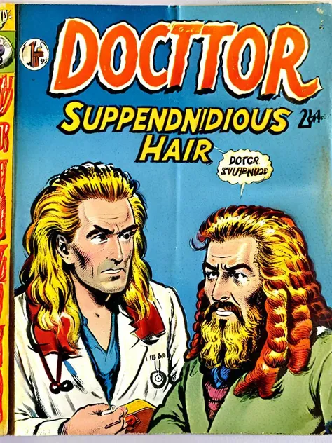 Vintage comic book with title text: "Doctor Stupendous Hair" , <lora:Harrlogos_v1.1:1> <lora:wizards_vintage_comics-Undergroundf16:1>