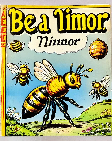 Vintage comic book with title text: "Bea Minor (Bee minor) ",  <lora:Harrlogos_v1.1:1>  <lora:wizards_vintage_comics-Undergroundf16:1>