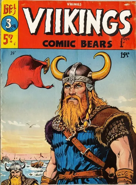 <lora:wizards_vintage_comics-Undergroundf16:1> Vintage comic book with title text: "Vikings", vintage comic book of a Viking, brown beard, viking helmet