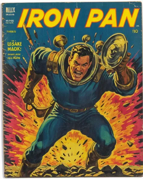 <lora:Wiz-VintageComicBookCover_v01:1> Vintage comic book cover of "Iron Pan"