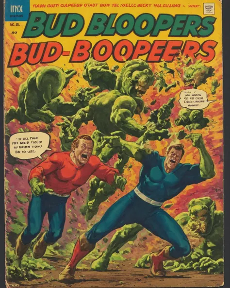 <lora:Wiz-VintageComicBookCover_v01:1> Vintage comic book cover of "Bud Bloopers"