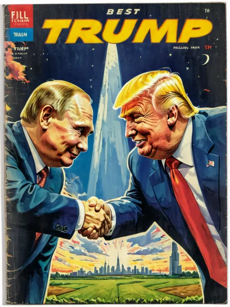 <lora:Wiz-VintageComicBookCover_v01:1.4>, ((letters PUTIN BEST FRIEND)), Vintage comic book cover fillustration of Trump and Vladimir Putin shaking hands