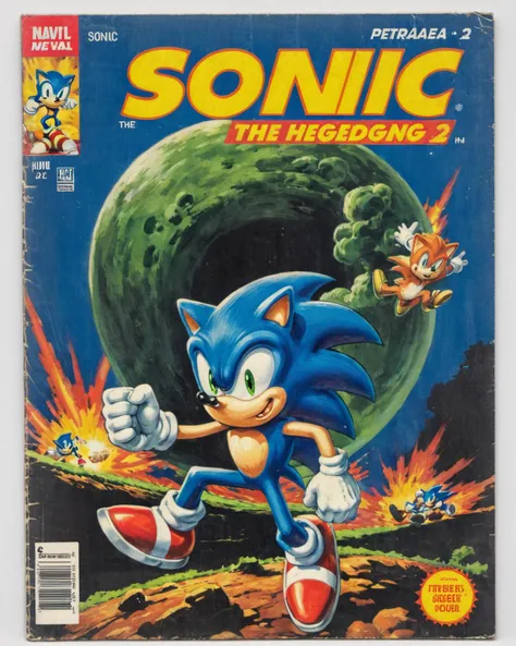 <lora:Wiz-VintageComicBookCover_v01:0.8> Vintage comic book cover of Sonic the Hedgehog 2, in Petraea.