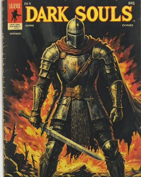 <lora:Wiz-VintageComicBookCover_v01:1> Vintage comic book cover of Dark Souls