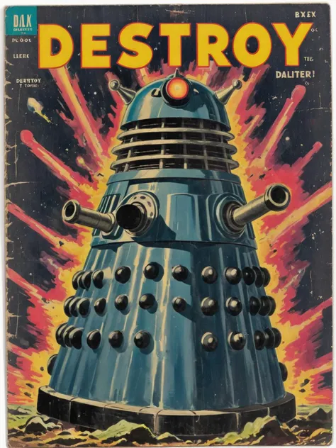 1950s vintage scifi comic book cover of a dalek <lora:Wiz-VintageComicBookCover_v01:1>,
(title says "DESTROY" text logo:1.5)