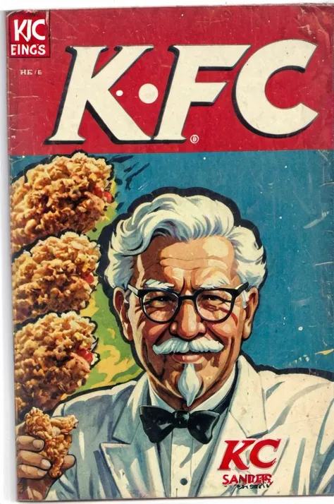<lora:Wiz-VintageComicBookCover_v01:1> Vintage Comic Book Cover Colonel Sanders (title says "KFC" text logo:1.35)
<lora:Harrlogos_v1.1:1>