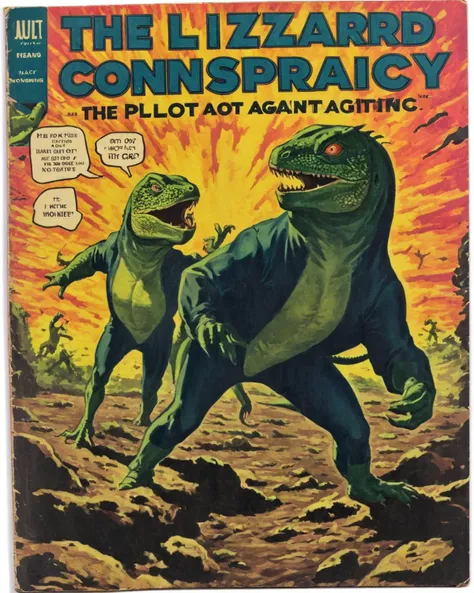 <lora:Wiz-VintageComicBookCover_v01:1> Vintage comic book cover of "The Lizard Conspiracy: The Plot Against Humanity"