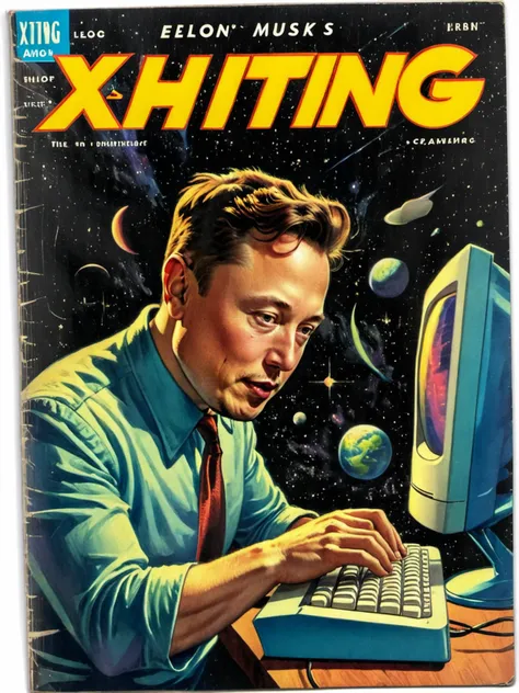 <lora:Wiz-VintageComicBookCover_v01:1.2>, (Vintage comic book cover of Elon Musk typing in a computer), (title says "Xhiting " text logo:1.4) <lora:Harrlogos_v2.0:1>