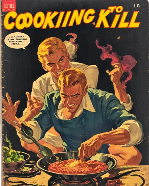 <lora:Wiz-VintageComicBookCover_v01:1> Vintage comic book cover of "Cooking to Kill: The Poison Cook-book"
