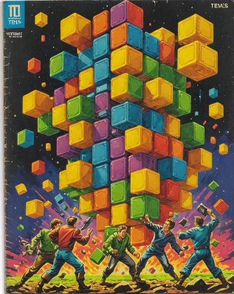 <lora:Wiz-VintageComicBookCover_v01:1> Vintage comic book cover of Tetris