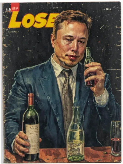 <lora:Wiz-VintageComicBookCover_v01:1.4>, Vintage comic book cover full body illustration of Elon Musk sad and crying, tears, holding a wine bottle, letters saying LOSER